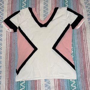 Knit v-neck short sleeved colour block top